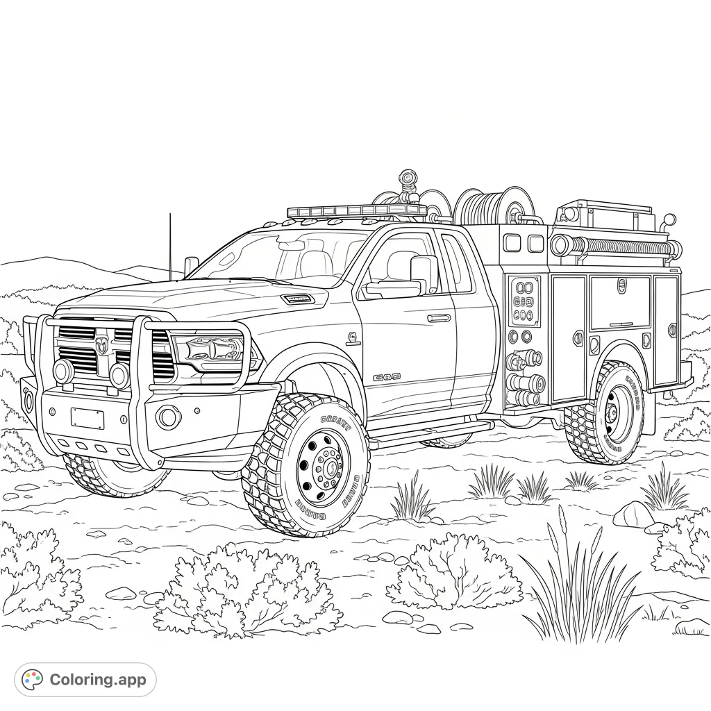 A detailed 2019 Dodge Ram 5500 Cummins wildland brush firetruck, ready for action on rugged terrain. Perfect for vehicle enthusiasts and aspiring firefighters.