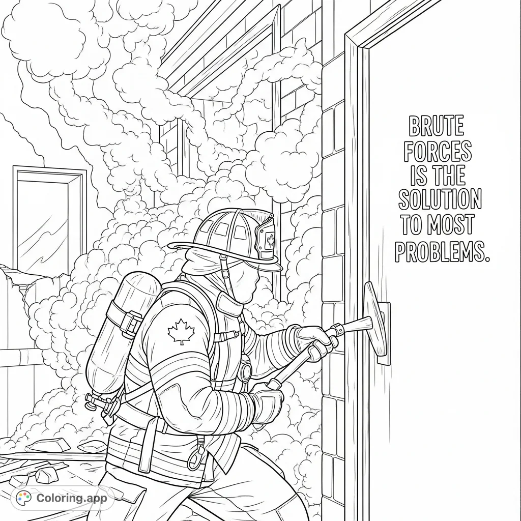 Dynamic scene of a Canadian firefighter performing forcible entry amid smoke, with a powerful quote emphasizing determination in this intense first responder coloring page.