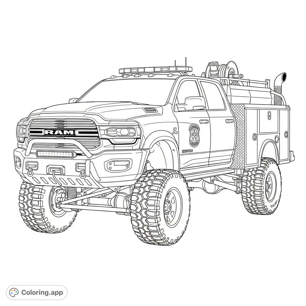 Conquer any terrain with this 2024 Dodge Ram Command 1500 fire truck coloring page, featuring a lifted suspension, aggressive mud tires, and detailed emergency gear. A powerful vehicle coloring page for enthusiasts.