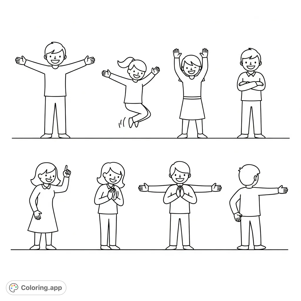 A delightful coloring page featuring ten charming, stylized figures each engaged in a unique, playful action, perfect for young children.