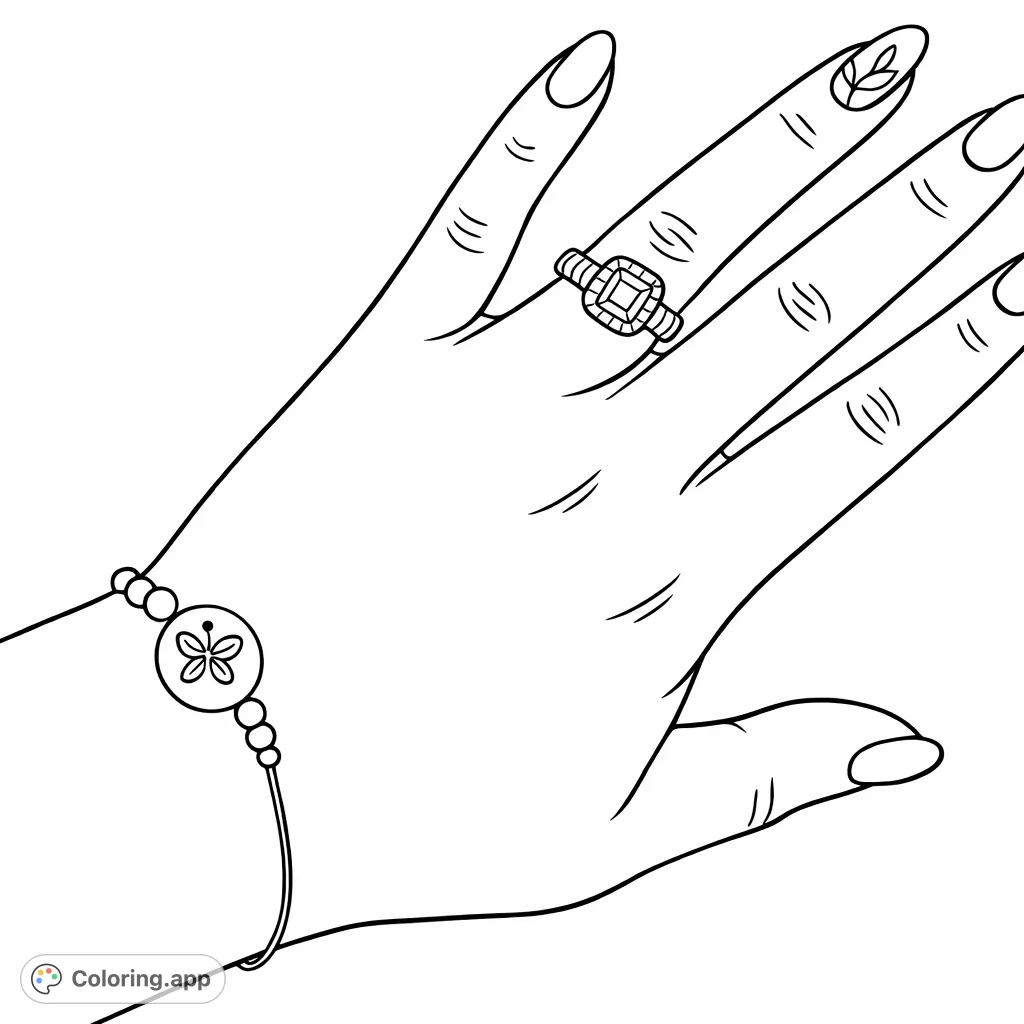 An elegant hand adorned with a detailed ring and a charm bracelet, featuring intricate nail art. Perfect for fashion and jewelry enthusiasts.