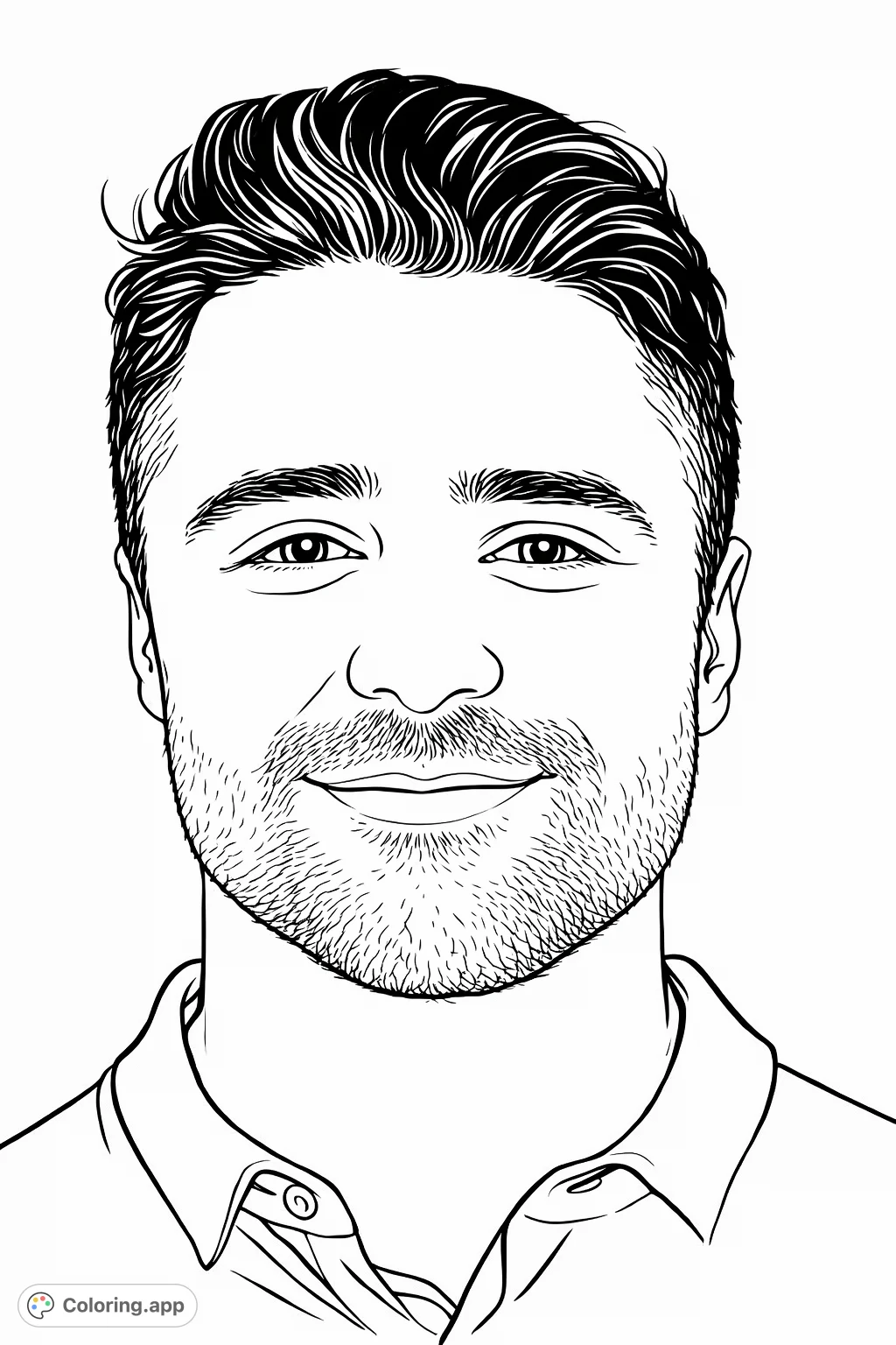 Color a detailed portrait of a man with a friendly expression, styled hair, and a full beard. Perfect for practicing realistic shading and capturing personality.