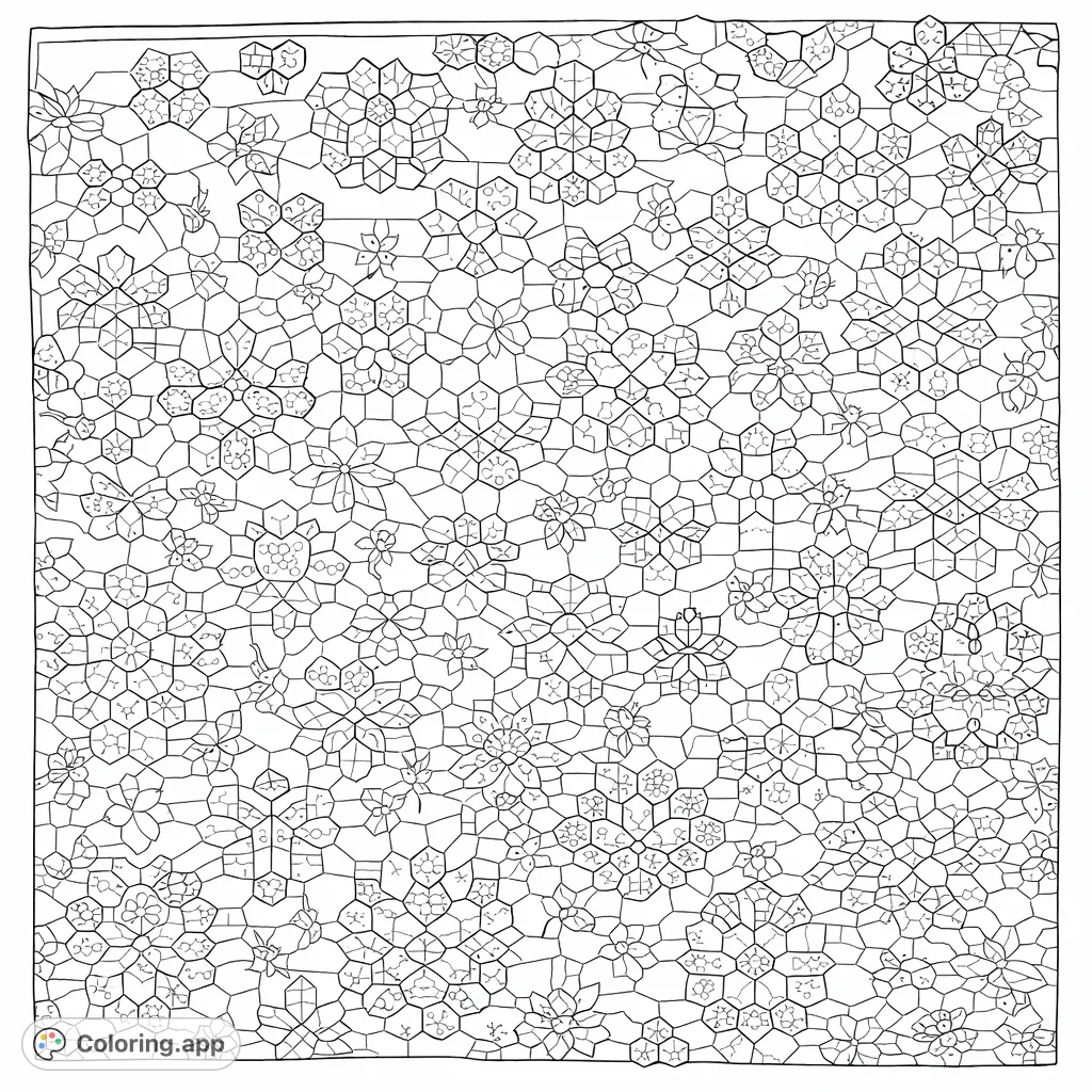 Dive into the detailed world of a traditional patchwork quilt. Featuring intricate geometric patterns and diverse fabric motifs, this coloring page offers a relaxing and engaging artistic challenge for all ages.