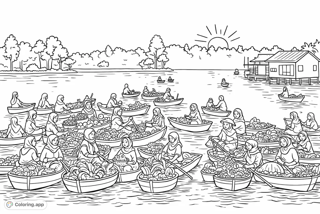Immerse yourself in the lively world of a traditional floating market. This detailed coloring page features numerous boats, merchants, and goods on the water, perfect for creative expression.