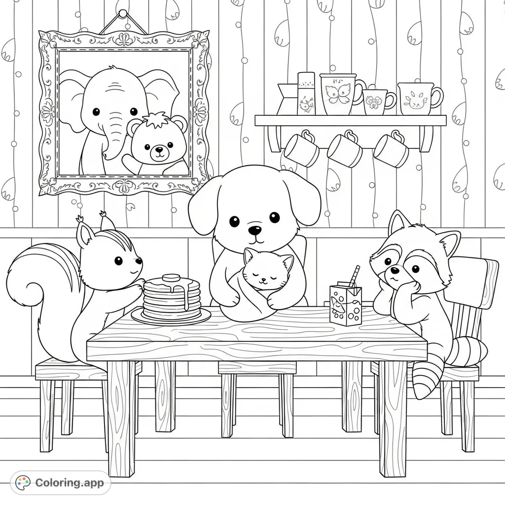 Discover a charming kawaii animal kitchen coloring page! A puppy holds a sleeping kitten, while a squirrel eyes pancakes and a raccoon sips juice.