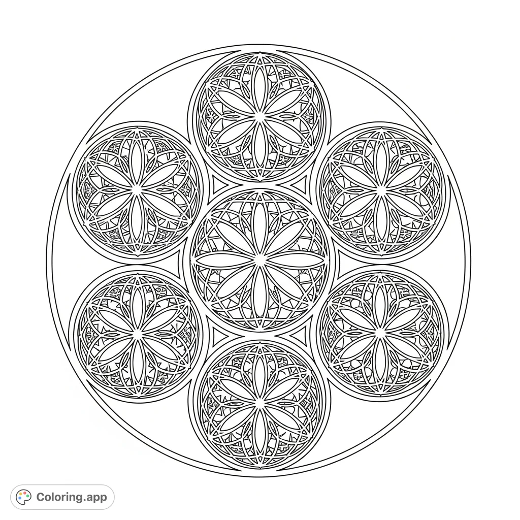 Explore the beautiful Seed of Life, a sacred geometry design featuring intricate, self-similar patterns within each overlapping circle. A mindful coloring journey.