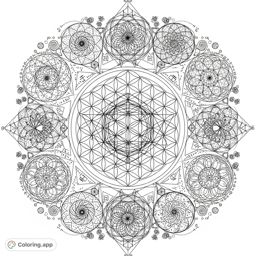 Explore profound sacred geometry with this intricate Seed of Life coloring page. Featuring the Flower of Life, Phi Spiral, and fractal designs for a meditative experience.