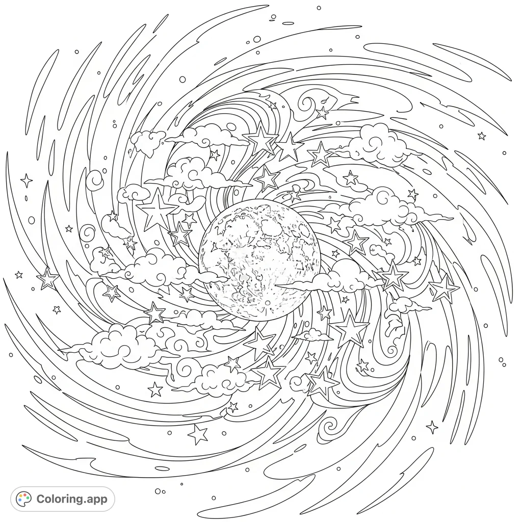 An enchanting abstract celestial coloring page featuring a mystical moon, swirling galaxies, and scattered stars for an intricate coloring experience.