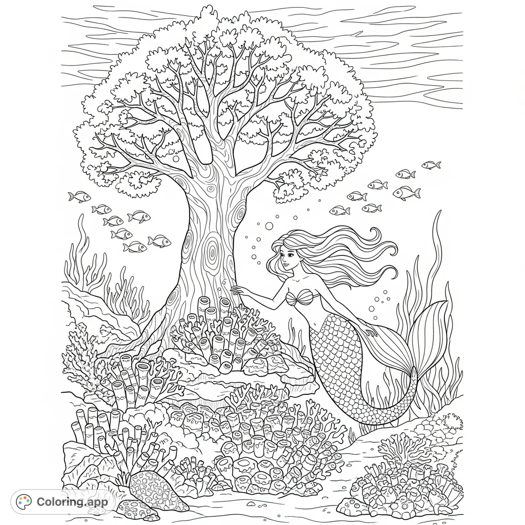A fantasy scene with a graceful mermaid swimming through an intricate coral reef. A majestic magic tree rises from the seafloor, creating an enchanting underwater world to color.