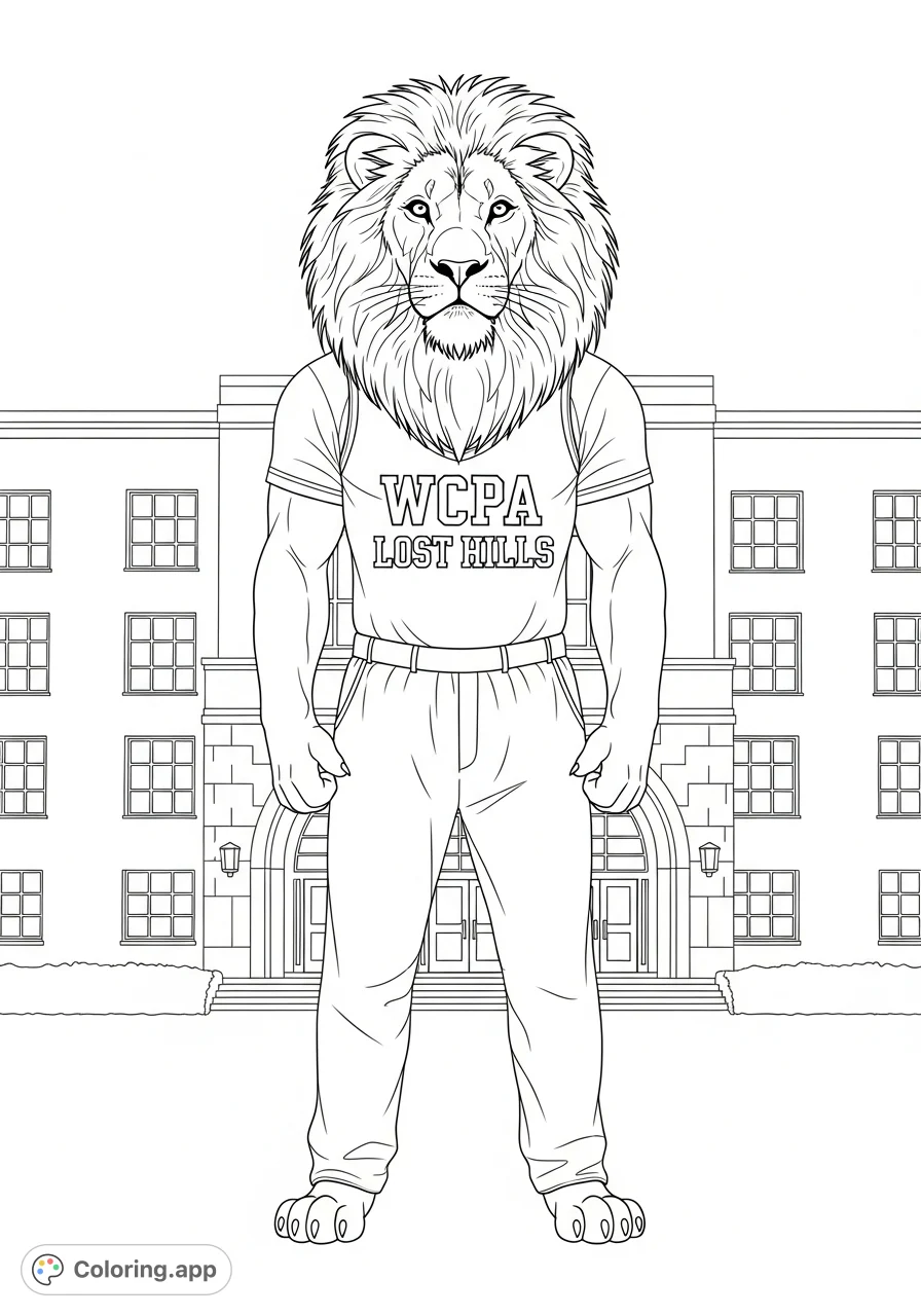 A proud lion mascot in a 'WCPA Lost Hills' jersey and pants stands before a school. Perfect for school spirit and creative expression.