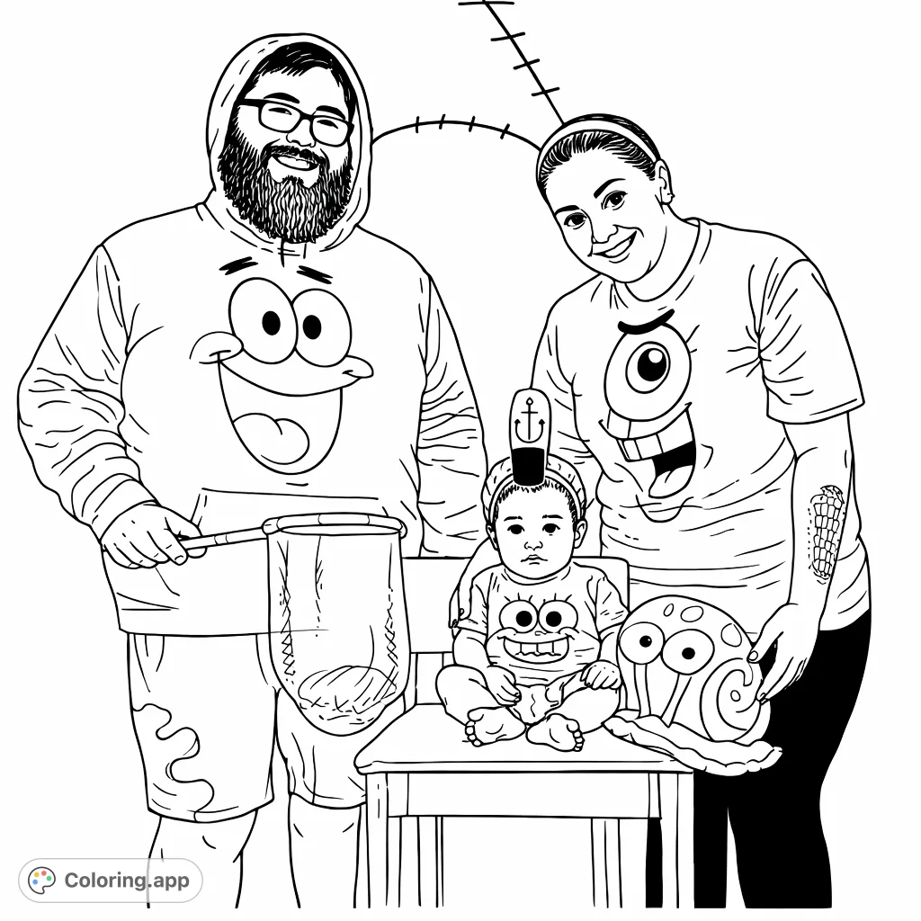 A playful family portrait featuring three individuals dressed as popular sea creatures from a beloved animated series, complete with props and a plush toy.