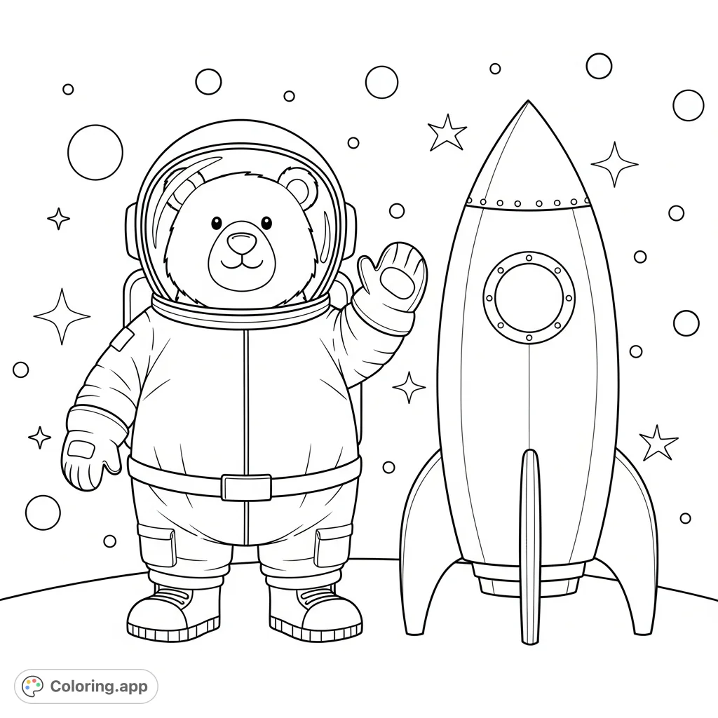 An adorable bear in an astronaut suit stands next to a simple rocket, ready for a fun space adventure. Perfect for young explorers to color and imagine!