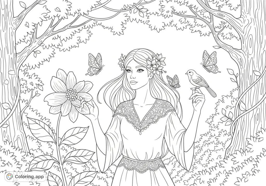Immerse yourself in Kirsten's peaceful world. This detailed coloring page features Kirsten in a lush garden, surrounded by exquisite flowers, a gentle bird, and fluttering butterflies.