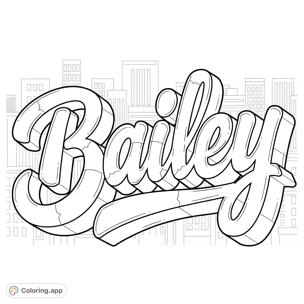 A captivating 3D cursive 'bailey' name coloring page, featuring bold, flowing letters with distinct dimensions for a unique creative experience.