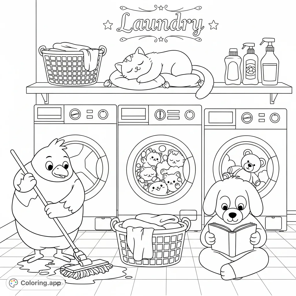 Dive into a charming cartoon laundry room featuring cute animal characters, bustling activity with washing machines, and delightful details, perfect for all ages.