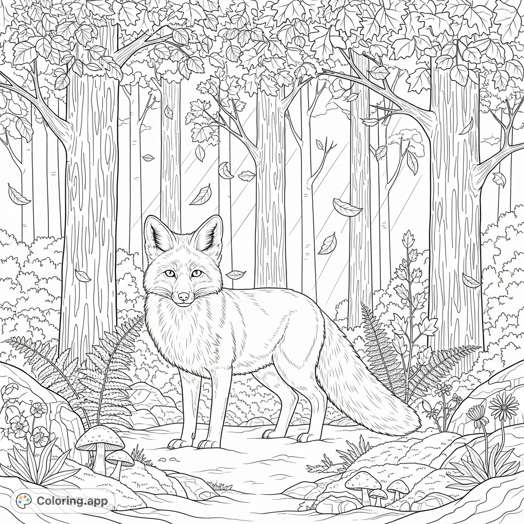 Discover a charming fox amidst a detailed forest scene, ready for your creative coloring touch. A free printable nature coloring page for all ages.