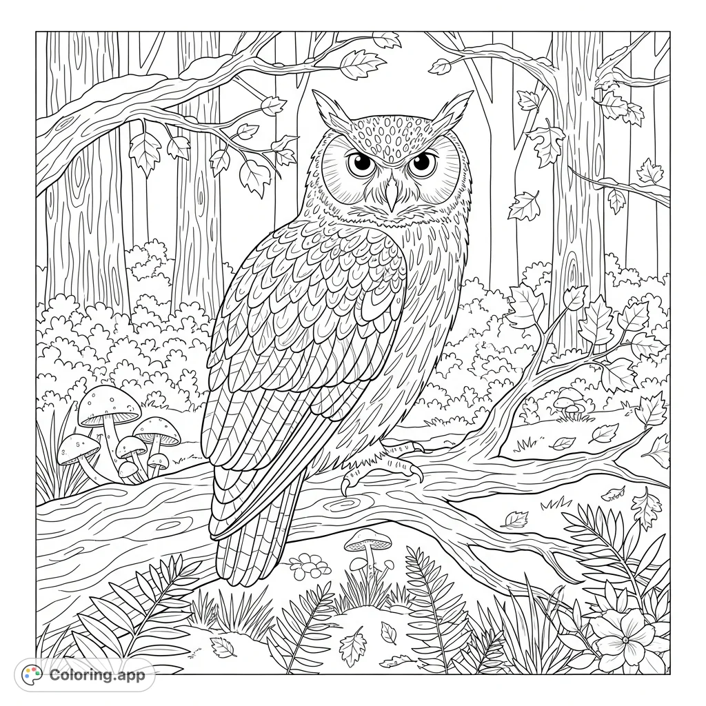 A detailed coloring page featuring a wise owl perched on a textured tree branch amidst a dense forest. Perfect for nature lovers to color.