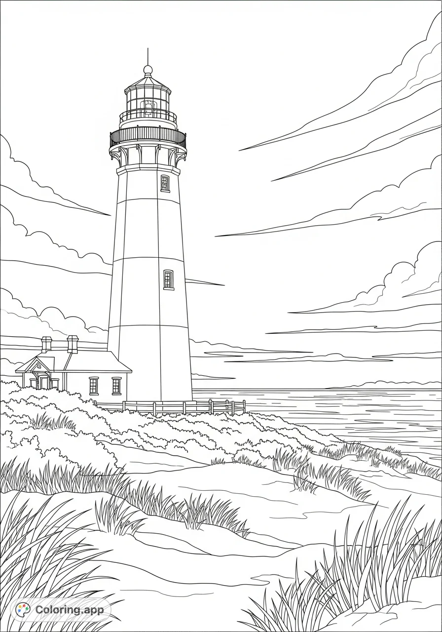 A detailed Fire Island Lighthouse stands tall by a serene bay under a sweeping sky, offering a peaceful coastal scene for coloring enthusiasts of all ages.
