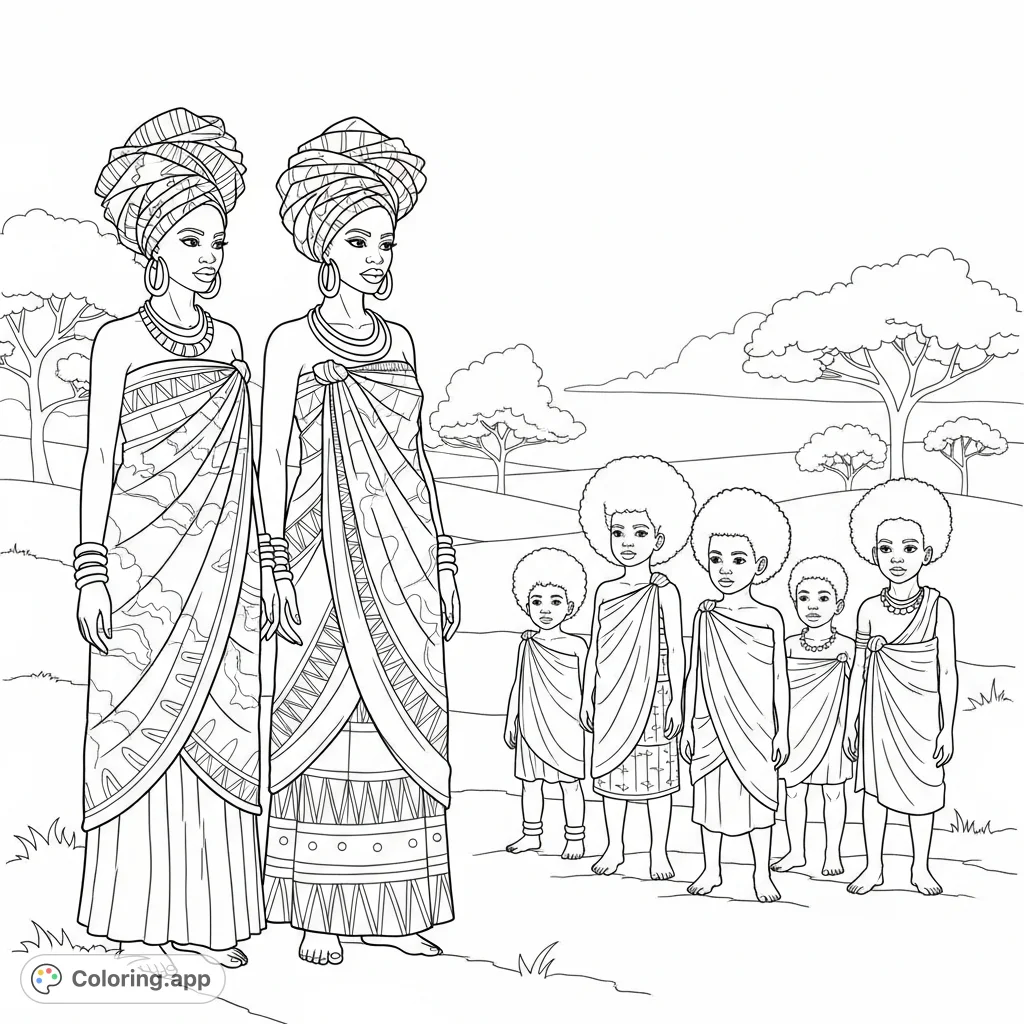 Explore this beautiful cultural gathering coloring page featuring women in headwraps and children with Afro hairstyles in traditional attire. A unique cultural scene.