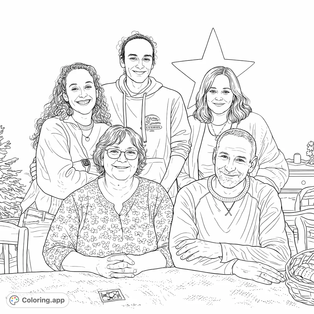 Capture a warm family gathering with five smiling individuals around a table. This realistic portrait offers engaging details for a thoughtful coloring experience.