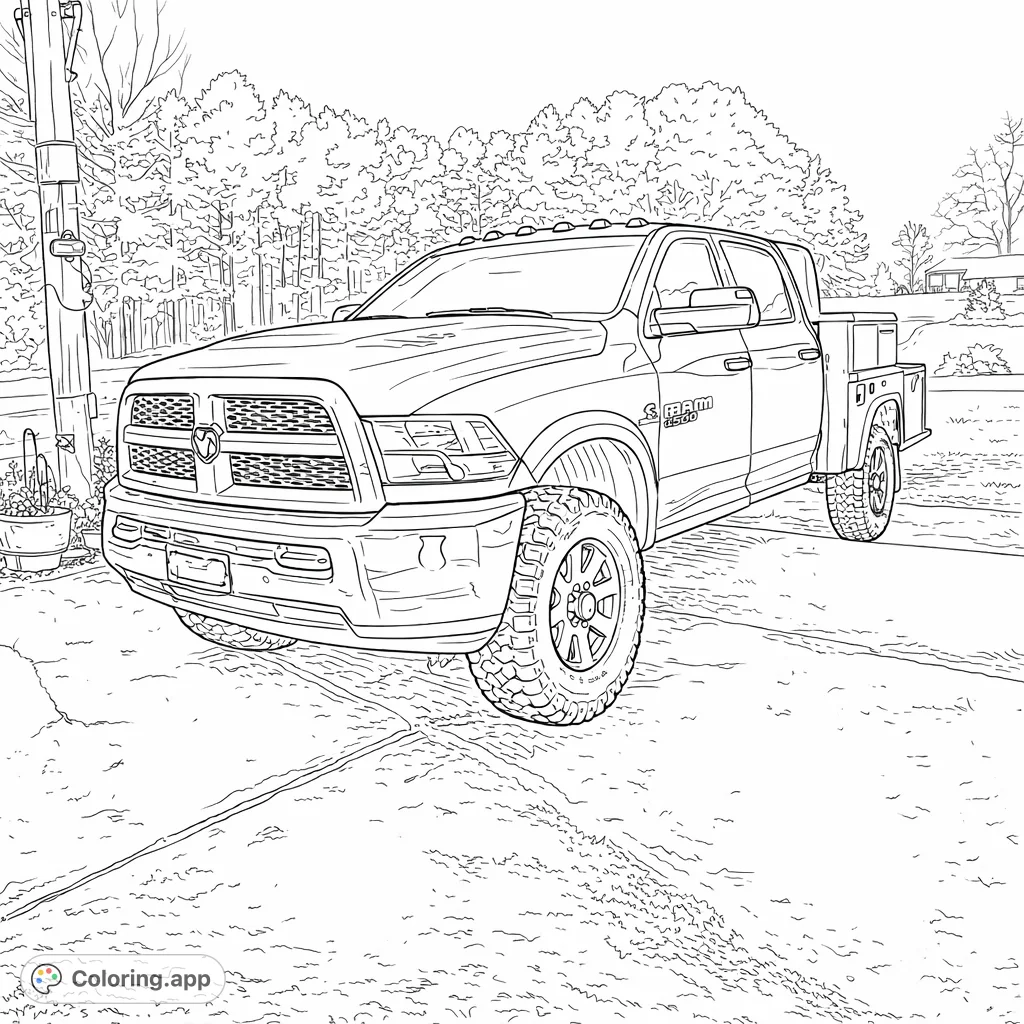 Color a powerful, rugged pickup truck with a flatbed, featuring intricate details from its imposing grille to its textured tires, set against a rural backdrop.