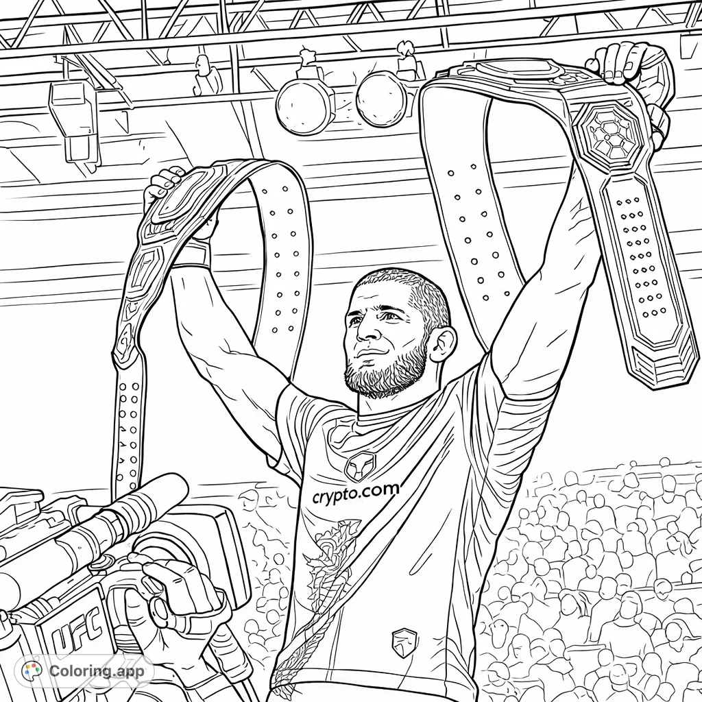 Celebrate victory with this dynamic coloring page featuring a triumphant champion holding two detailed belts overhead in a stadium setting. A perfect tribute to sports achievement!