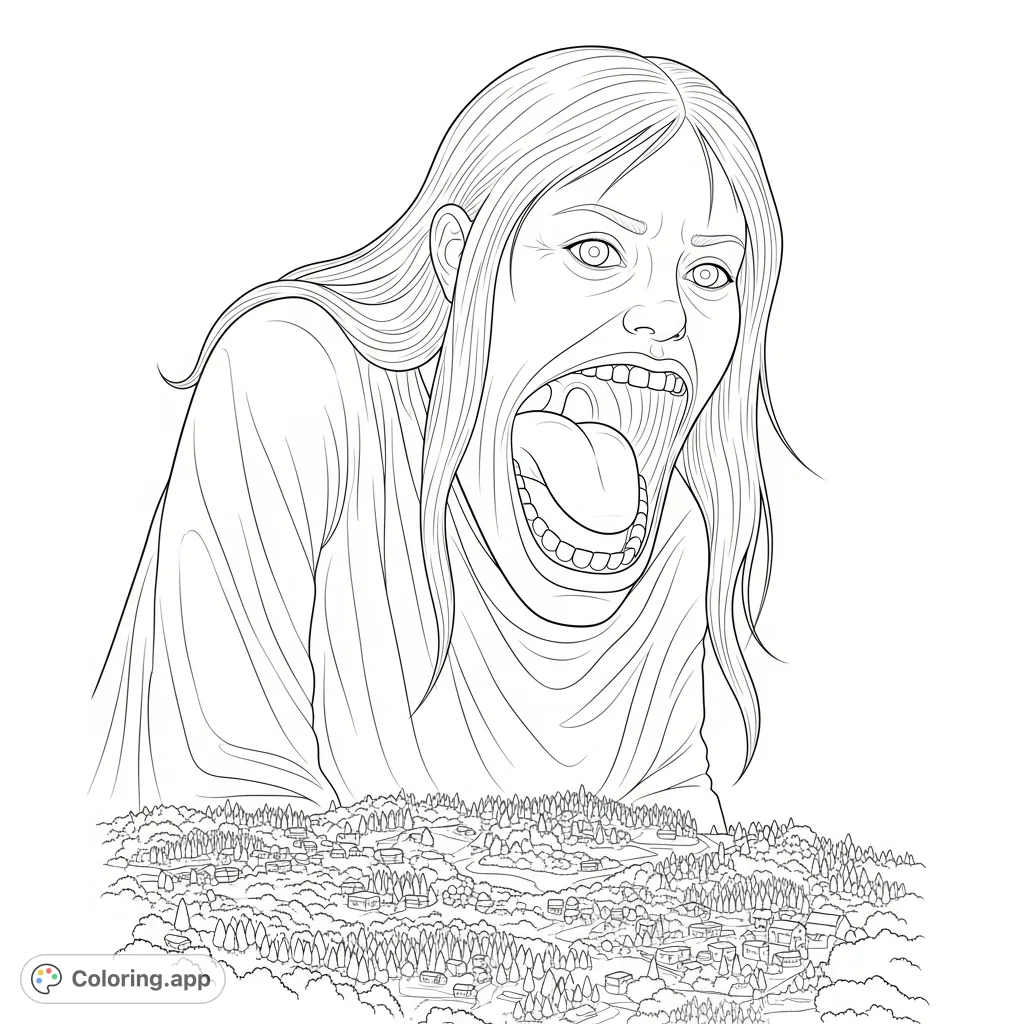 A towering giantess leans forward with a wide-open mouth, her immense presence dwarfing a miniature landscape. Explore her colossal form!