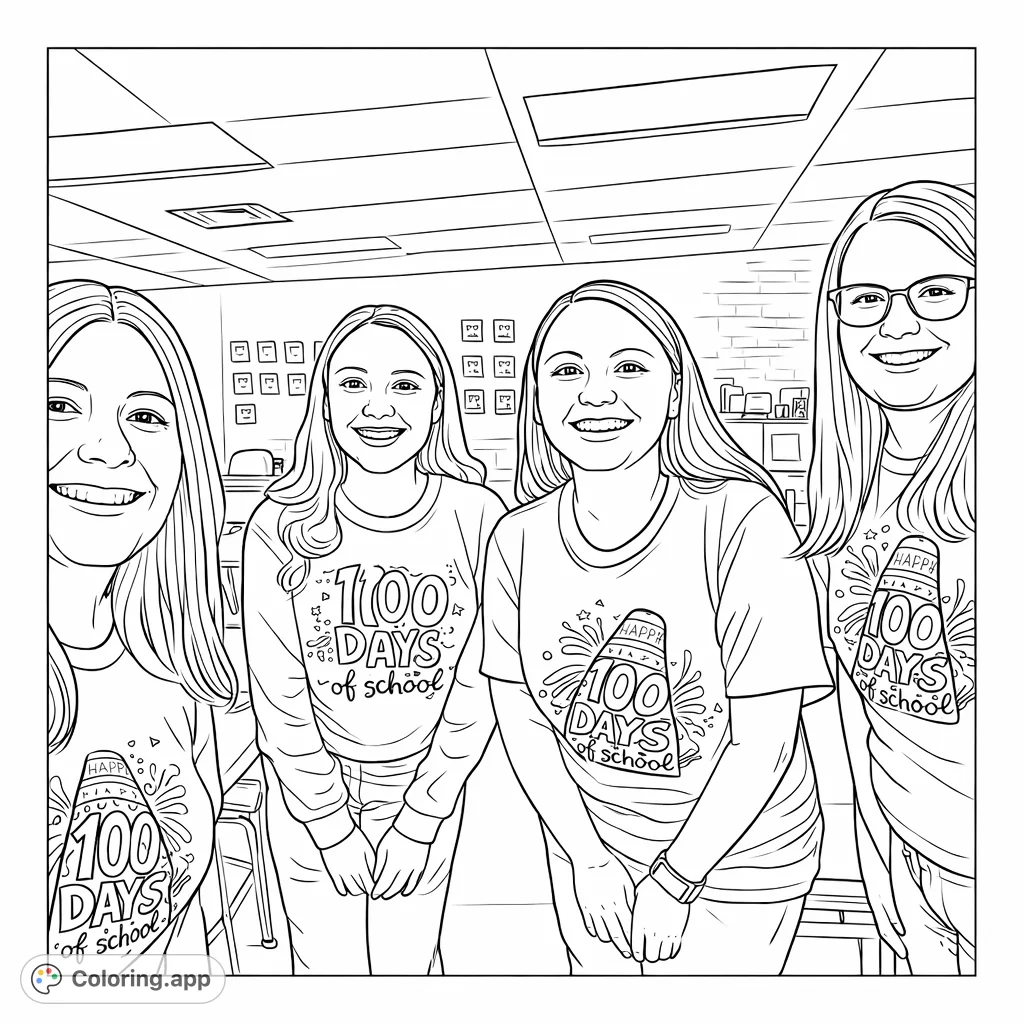 Celebrate a milestone! This festive page features individuals in '100 Days of School' attire, surrounded by confetti-like shapes in a classroom setting.