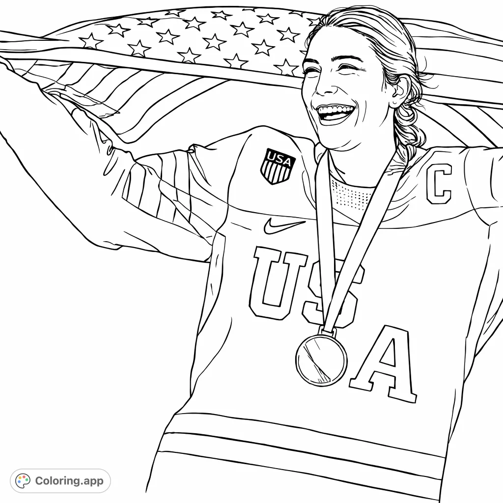 Celebrate victory with this athlete coloring page, featuring a smiling champion proudly holding a flag and wearing a medal and jersey.