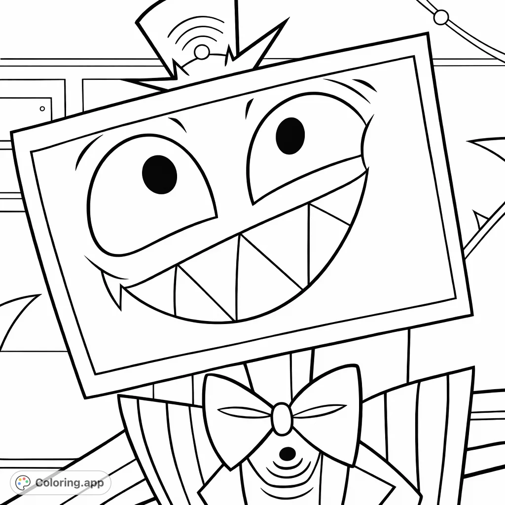 Color this intriguing character with a television head, sharp grin, and stylish pinstriped suit against a futuristic, geometric background.