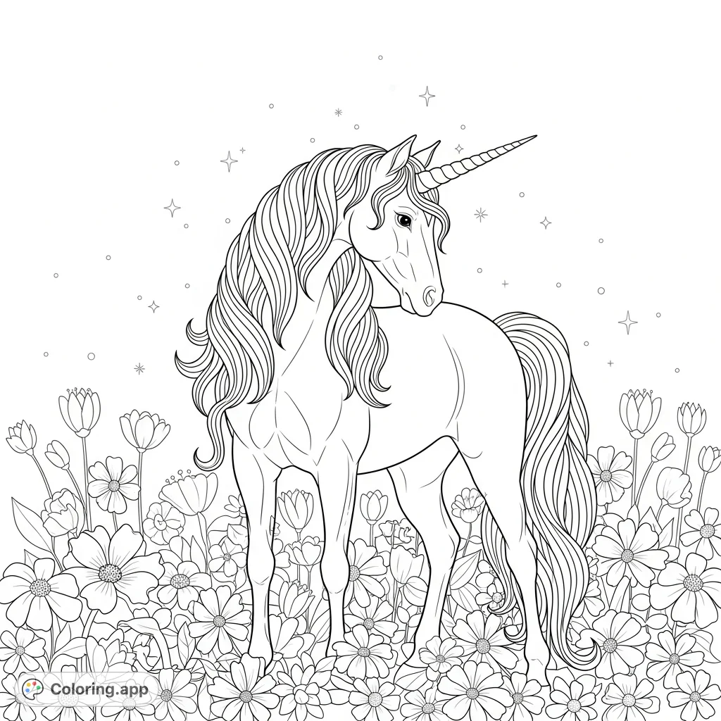 A majestic unicorn stands gracefully amidst a dense field of blooming flowers with sparkling elements, creating a whimsical fantasy unicorn coloring page.