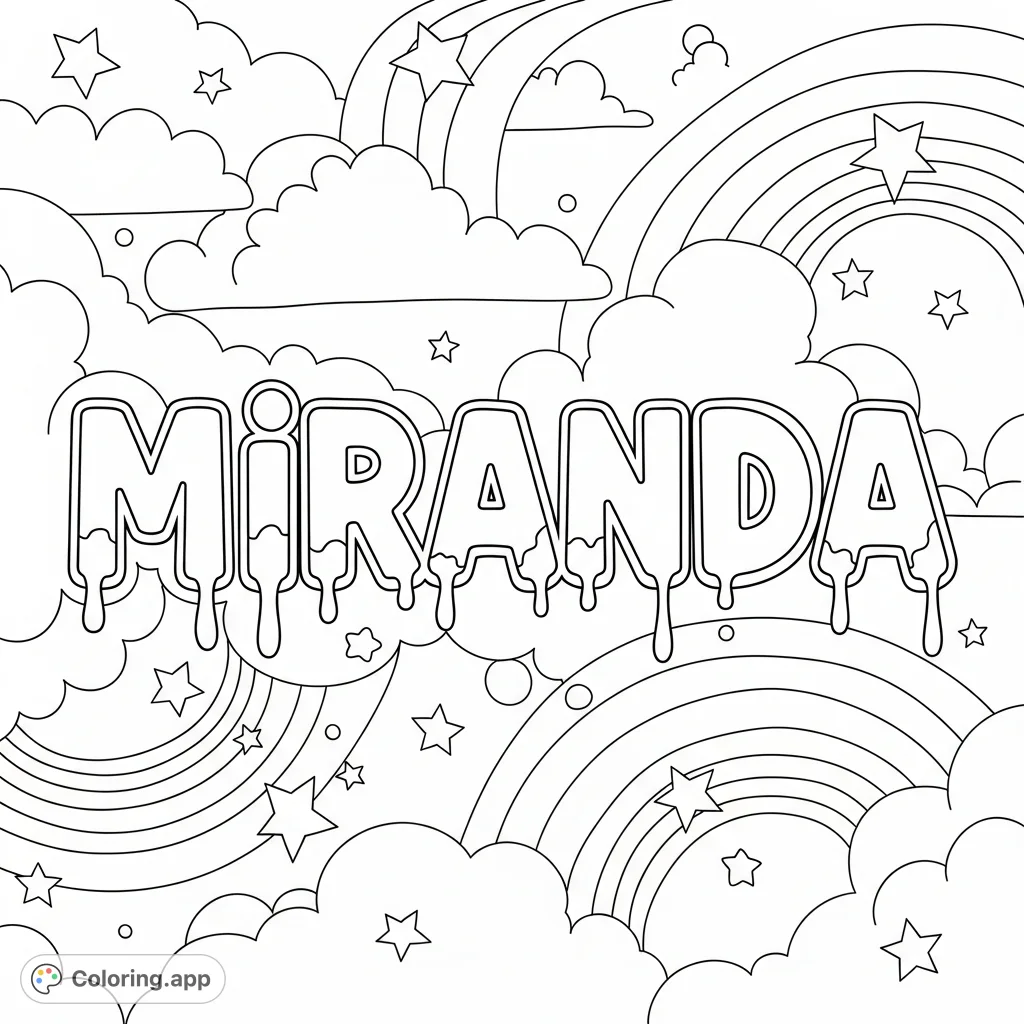 A whimsical Miranda coloring page featuring a large, dripping font name, surrounded by swirling abstract clouds, scattered stars, and graceful rainbow forms.