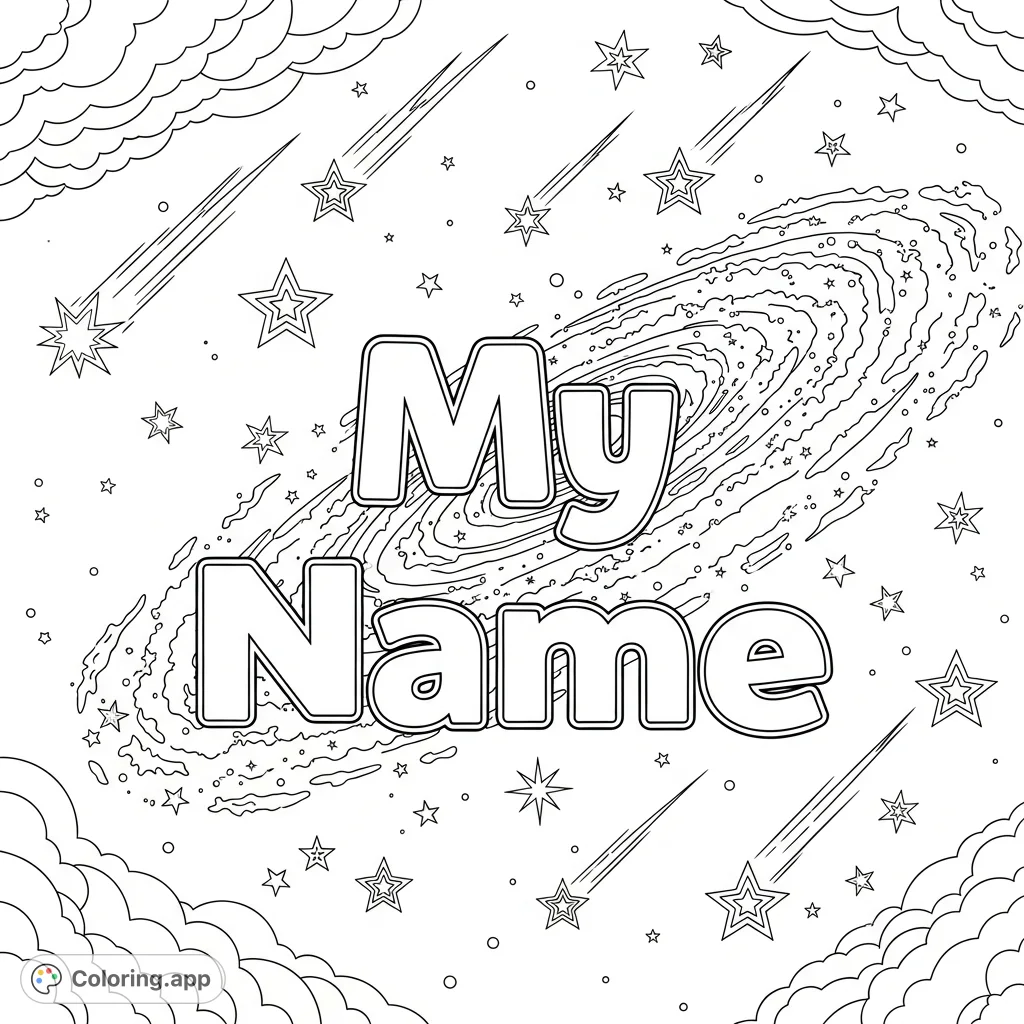 Personalize your cosmic journey! Color 'My Name' amidst a galaxy of twinkling and falling stars.