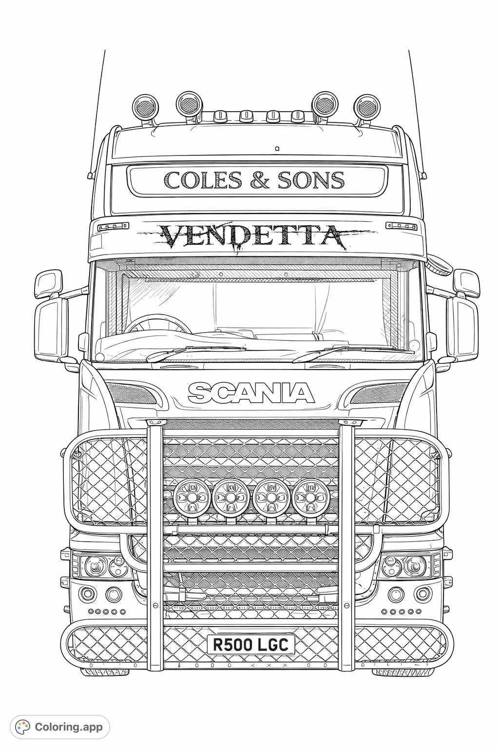 Explore a detailed big rig truck coloring page, showcasing a rugged grille guard, roof-mounted horns, and intricate lights. A challenging free printable for truck lovers.