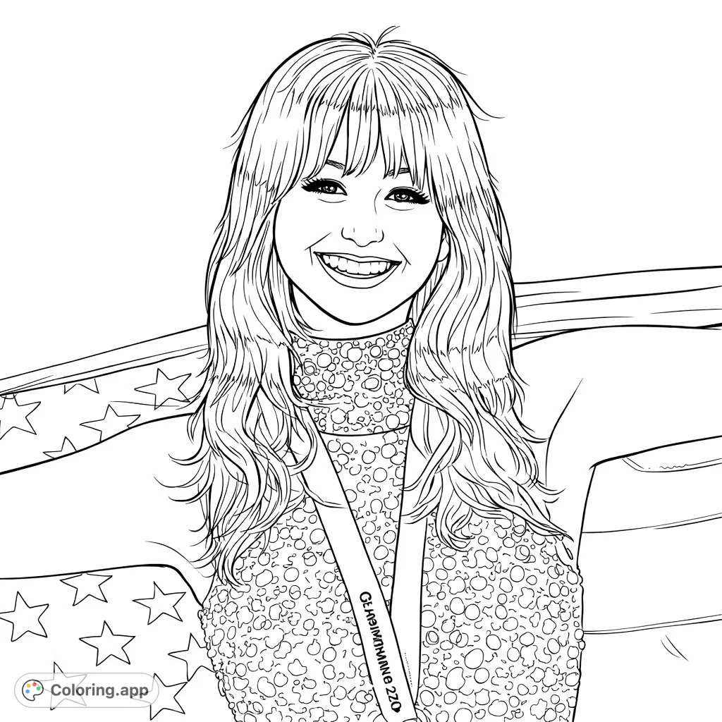 A victorious athlete smiles brightly, draped in an iconic flag with a medal, wearing a shimmering sequined outfit. Celebrate achievement and national pride.