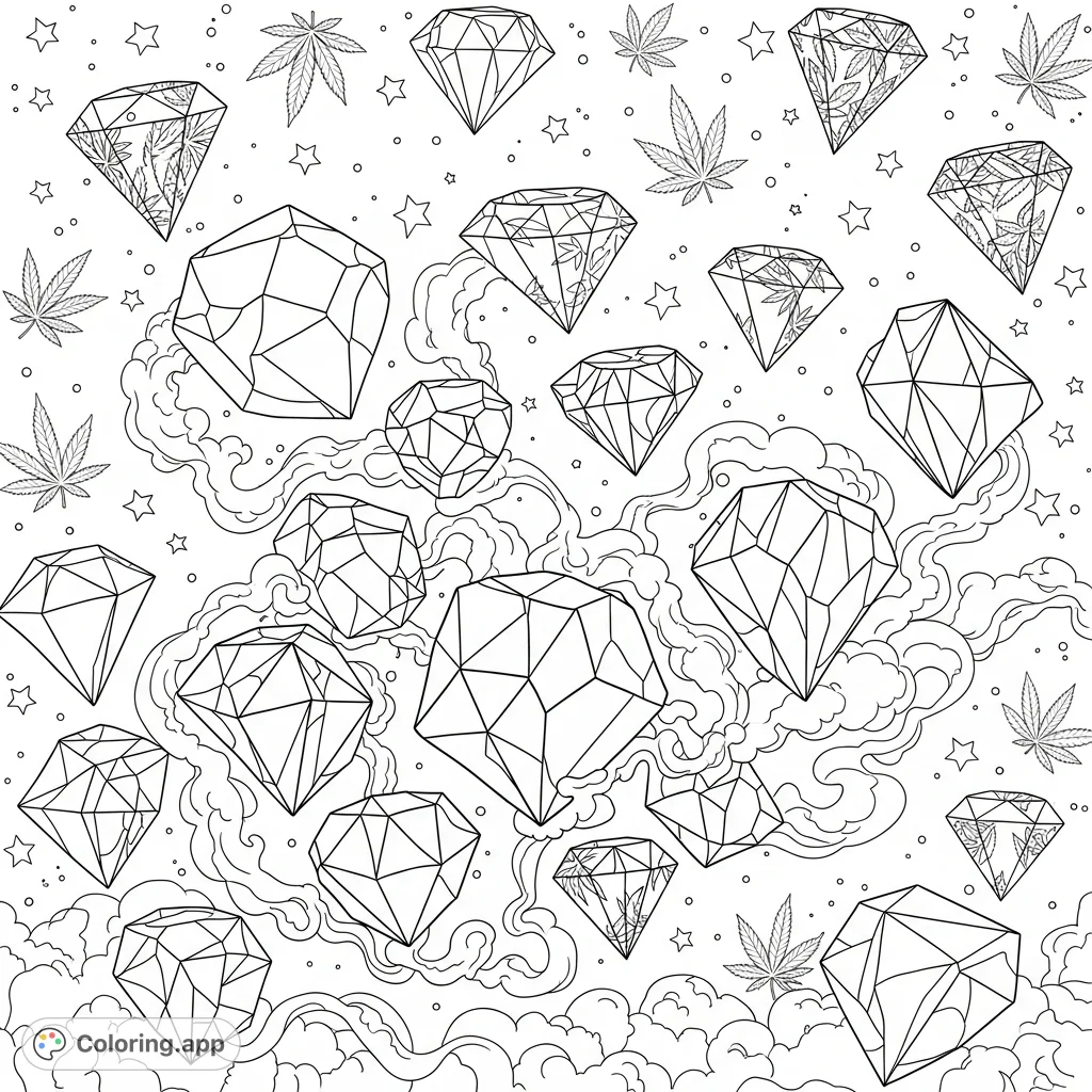 Dive into a trippy abstract diamond coloring page, featuring intricate geometric diamonds, swirling smoke, and cannabis plant diamonds amidst a starry cosmos.