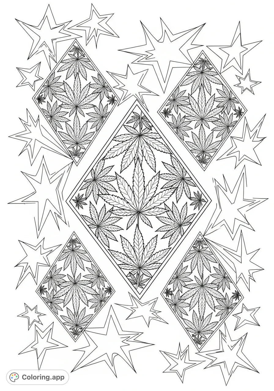 Explore intricate diamond shapes crafted from cannabis leaves, surrounded by dynamic, funky abstract stars. A detailed and engaging adult coloring page.