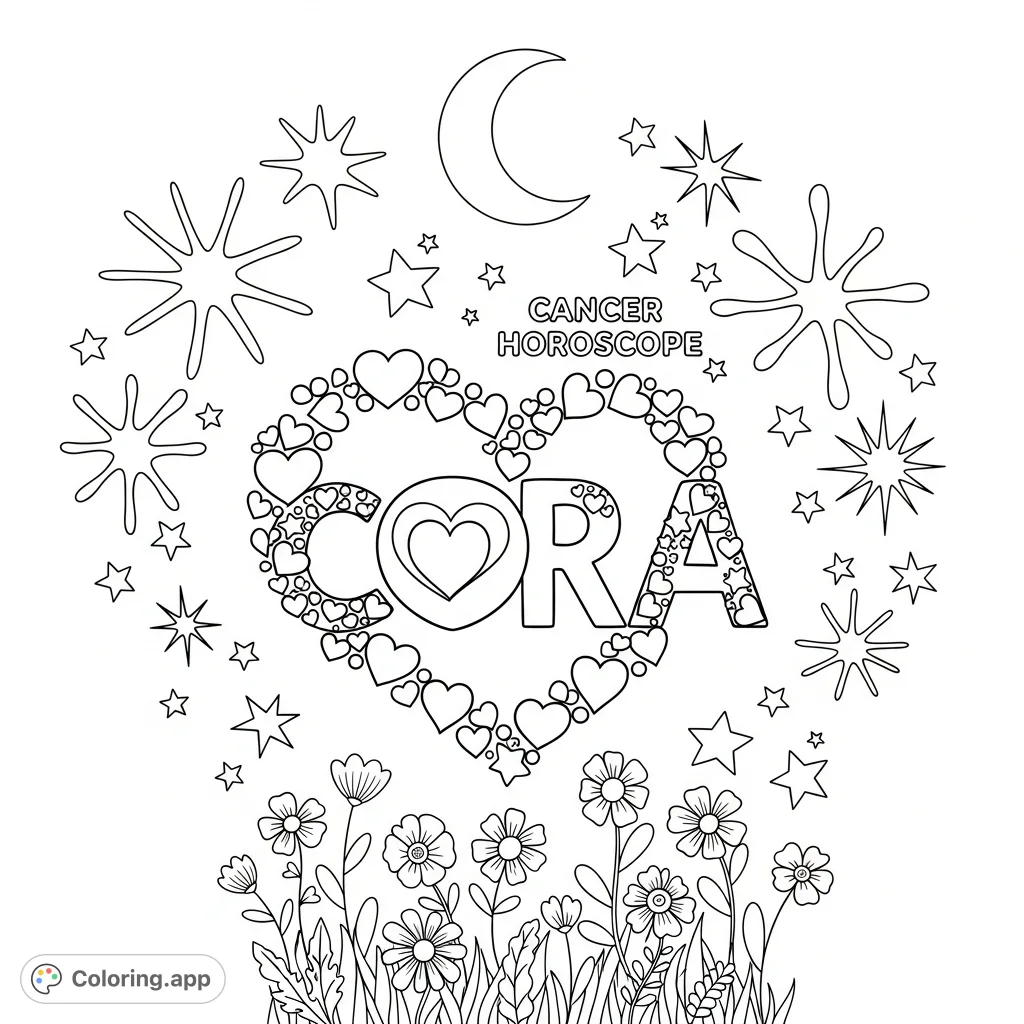 A whimsical Cora coloring page featuring a name formed by hearts, surrounded by trippy stars, a crescent moon, and wildflowers, with Cancer Horoscope text.