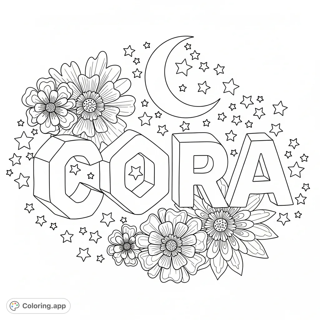 A whimsical coloring page featuring the name Cora in charming 3D hearts, surrounded by stars, a crescent moon, and intricate, trippy flowers for a personalized touch.