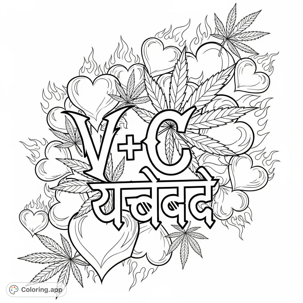 A unique gothic graffiti design featuring 'V+C ♡♡' amidst dynamic flaming hearts and distinctive marijuana leaves. Perfect for urban art enthusiasts.