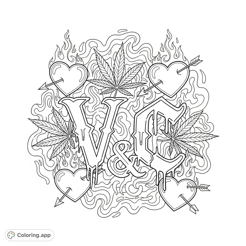 Unleash your creativity with this unique gothic graffiti coloring page featuring V+C initials, flaming hearts, marijuana leaves, and trippy smoke.
