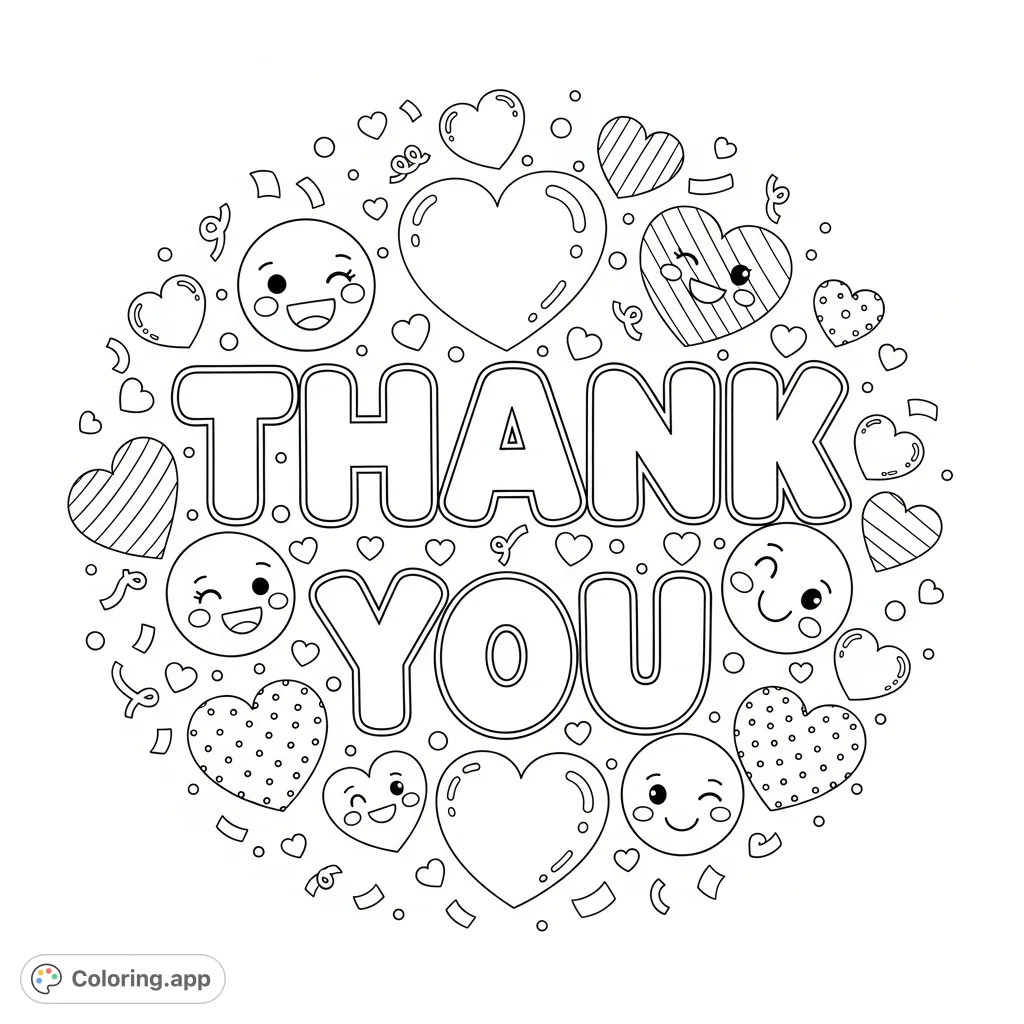 Express appreciation with this charming 'Thank You' coloring page, featuring cheerful letters, abundant hearts, and smiling faces. Perfect for sharing gratitude!