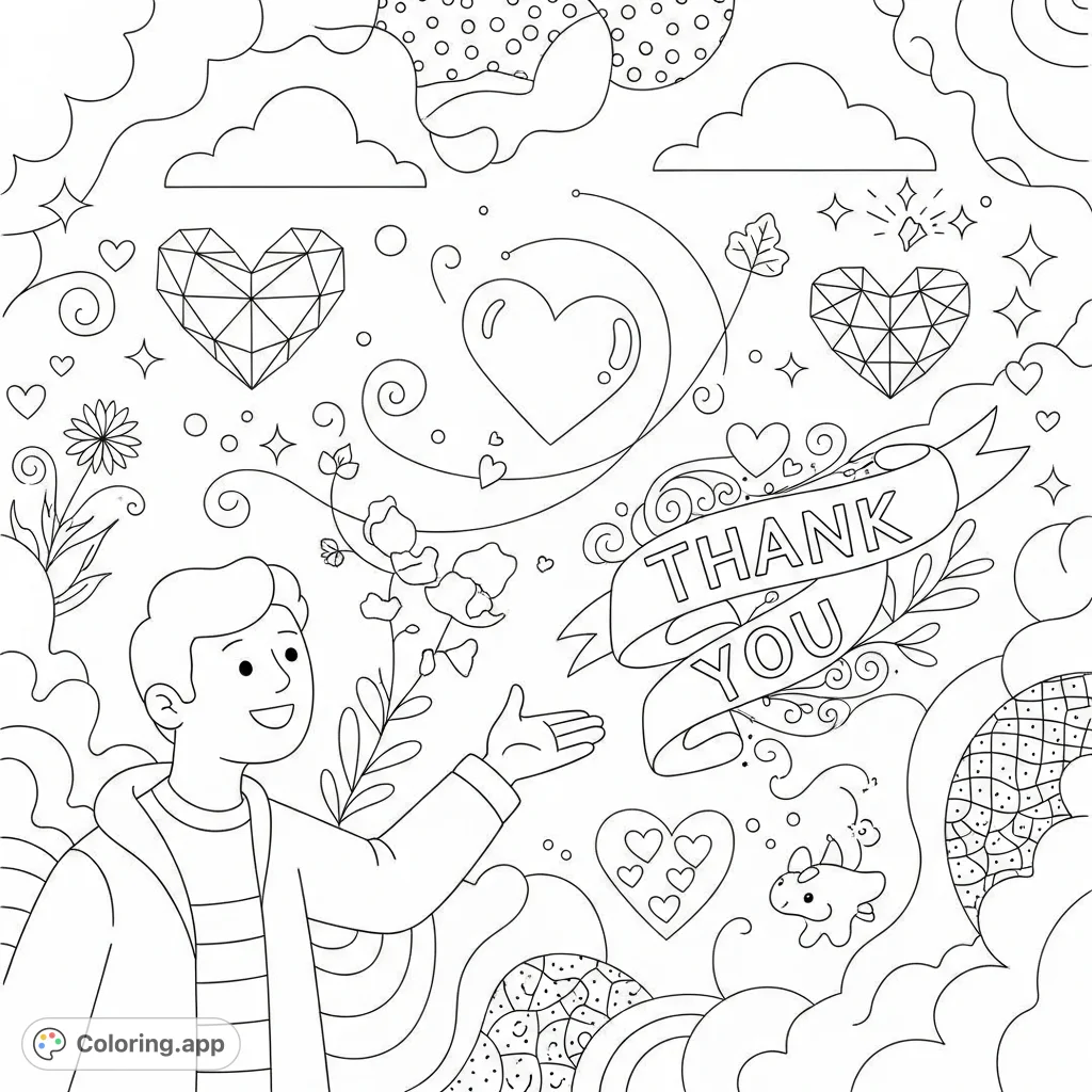 Express gratitude with this charming thank you coloring page. Features a welcoming figure, a heart, and decorative floral elements, perfect for all ages.