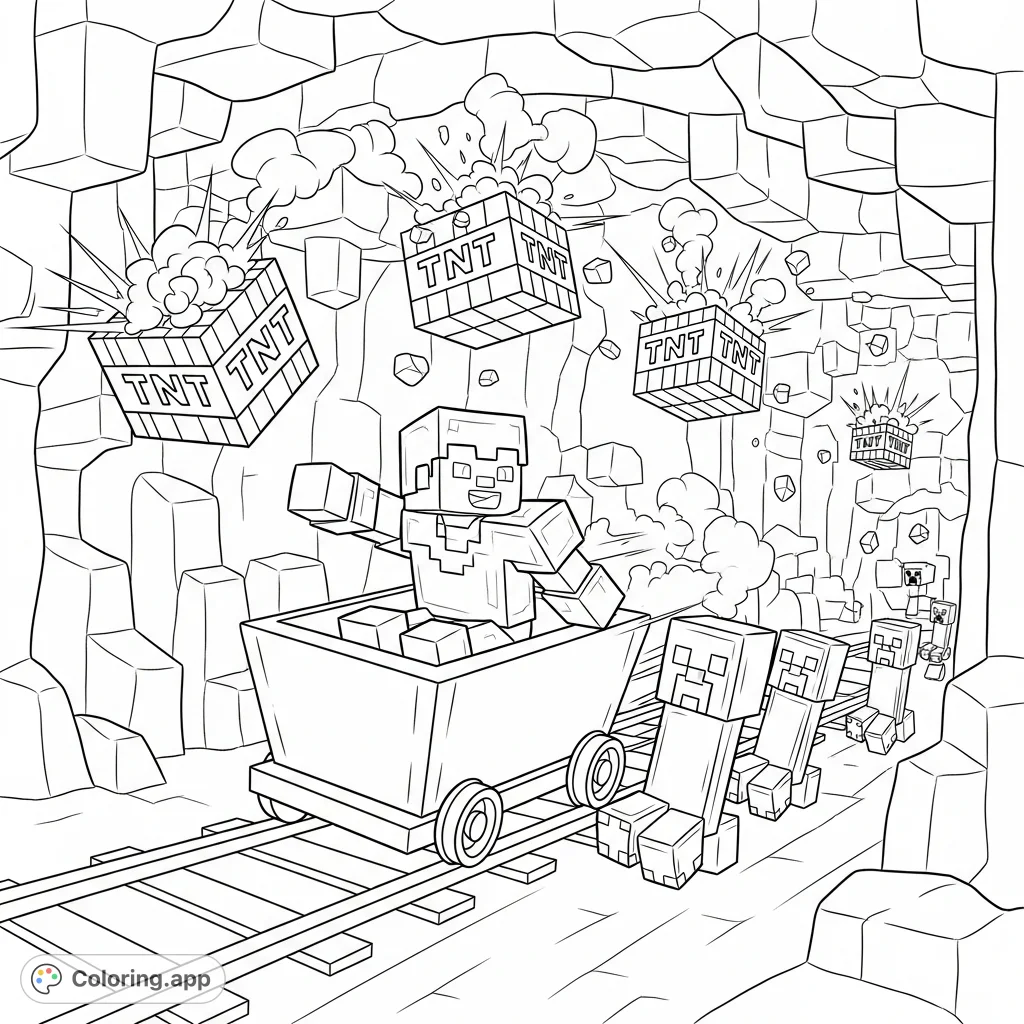 Experience Steve's thrilling Minecraft escape! He speeds through a mine in his diamond armor, pursued by creepers and surrounded by explosive TNT.