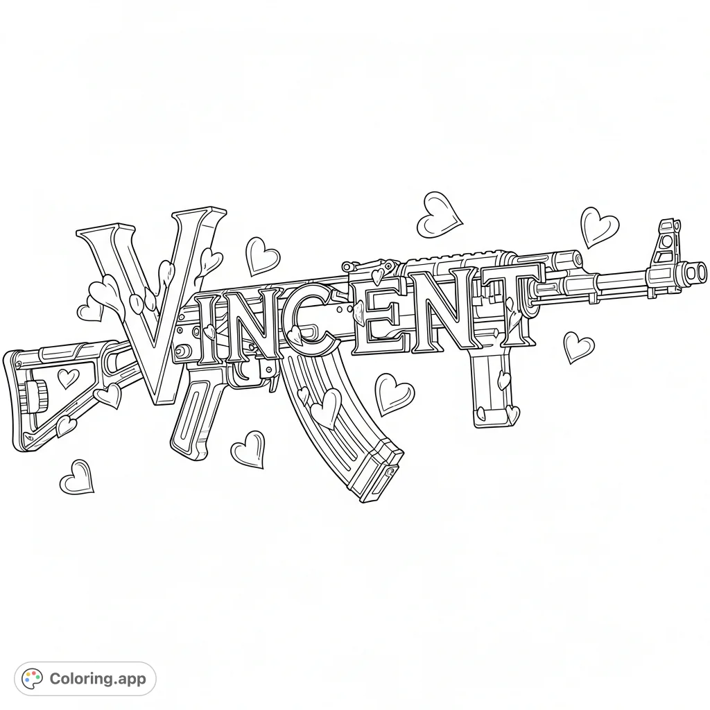 Unleash creativity with this unique AK-74 Warzone build coloring page, intricately formed by the letters 'Vincent' and adorned with 'deadly hearts'.