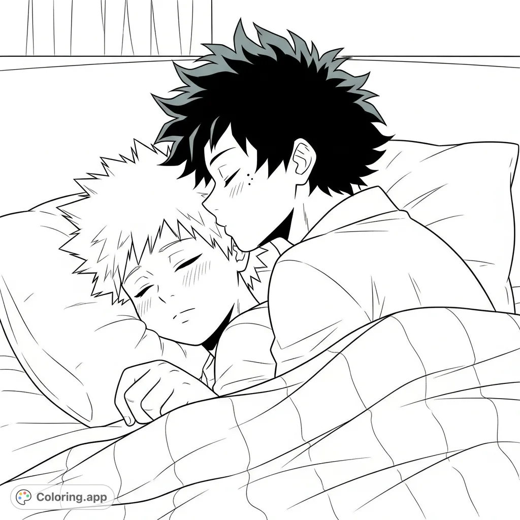 A tender Bakugo and Deku coloring page. One character sleeps peacefully as the other leans in for a gentle kiss, enveloped in a cozy bedroom.