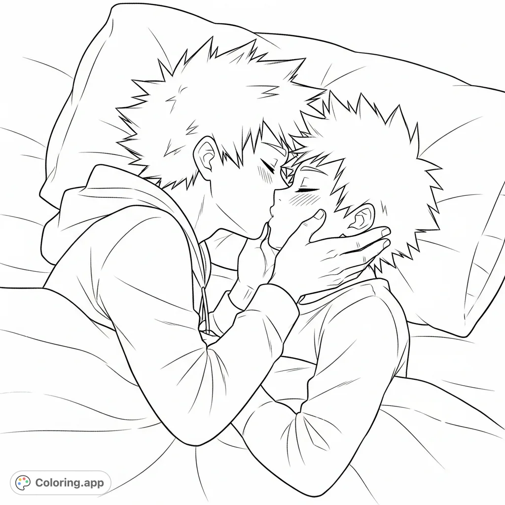 An intimate Deku and Bakugo coloring page, depicting them snuggling in sleeping clothes with a tender kiss and a slight blush. A heartwarming free printable for fans.