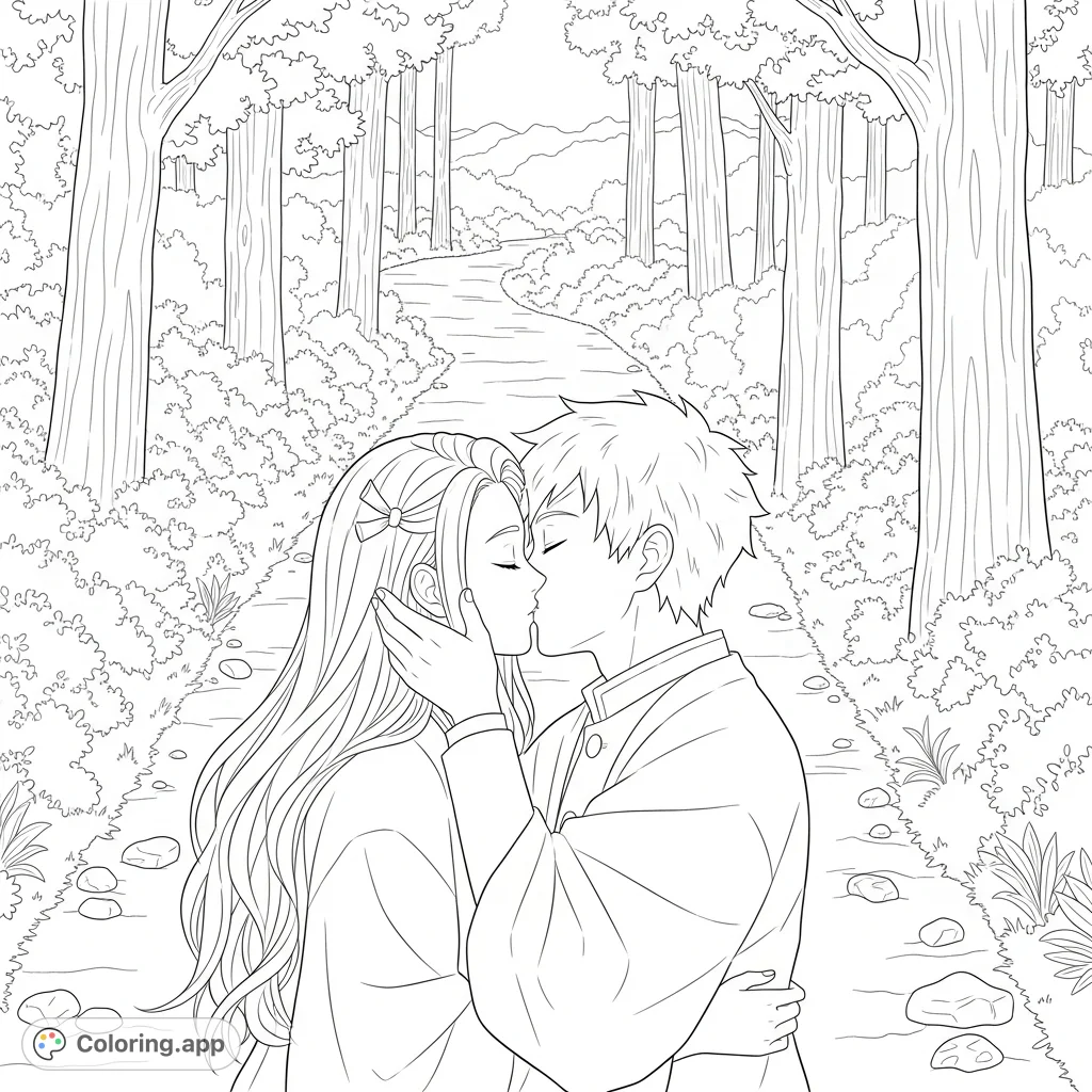 Capture a tender moment between Nezuko and Muichiro on a tranquil forest path. A detailed anime-inspired coloring page for fans to enjoy.