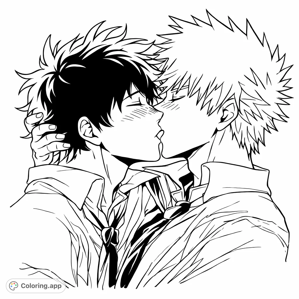 Experience an intimate anime embrace featuring two beloved characters in a passionate kiss. Perfect for fans of romantic anime and character art.