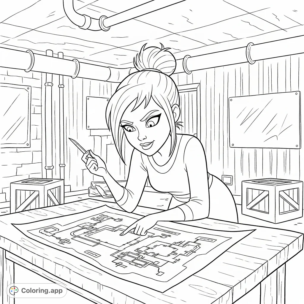 Toga meticulously plans her next villainous plot within a secret hideout. A detailed schematic covers a table, hinting at her sinister intentions.
